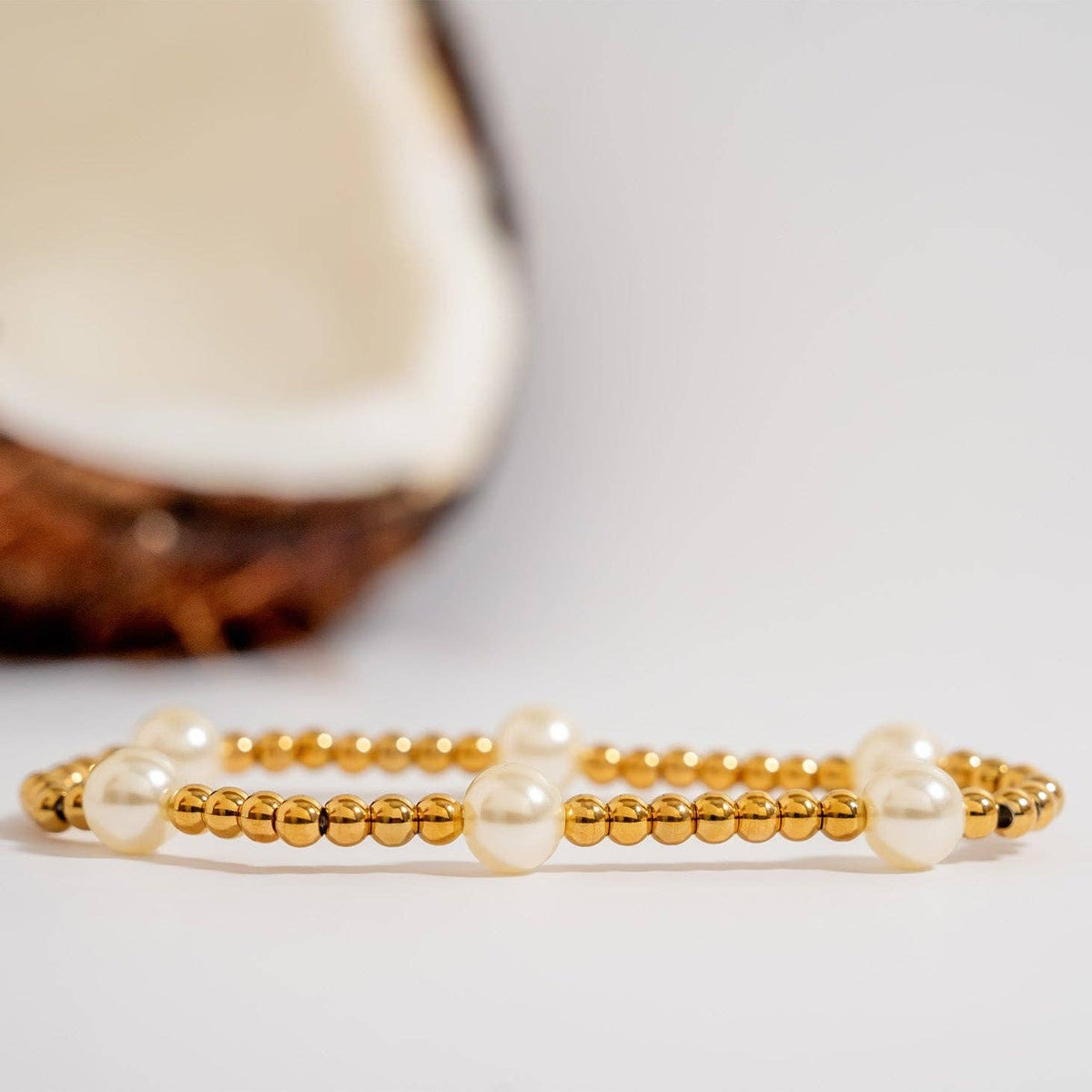 18K Gold PVD 8mm Kiska Glass Pearl Stretch Bracelet
