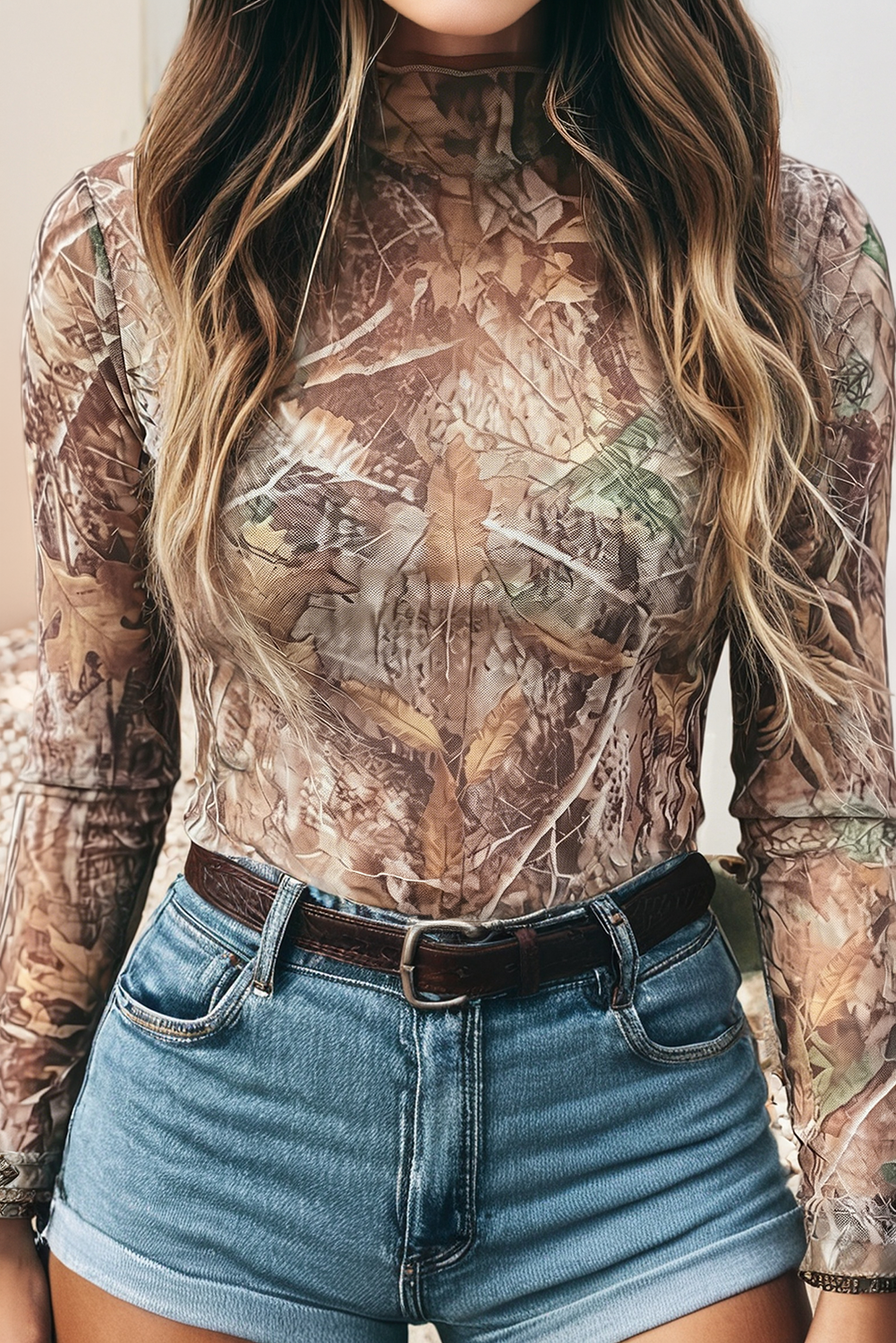 Slim Fit Mesh Long Sleeve Mock Neck Top