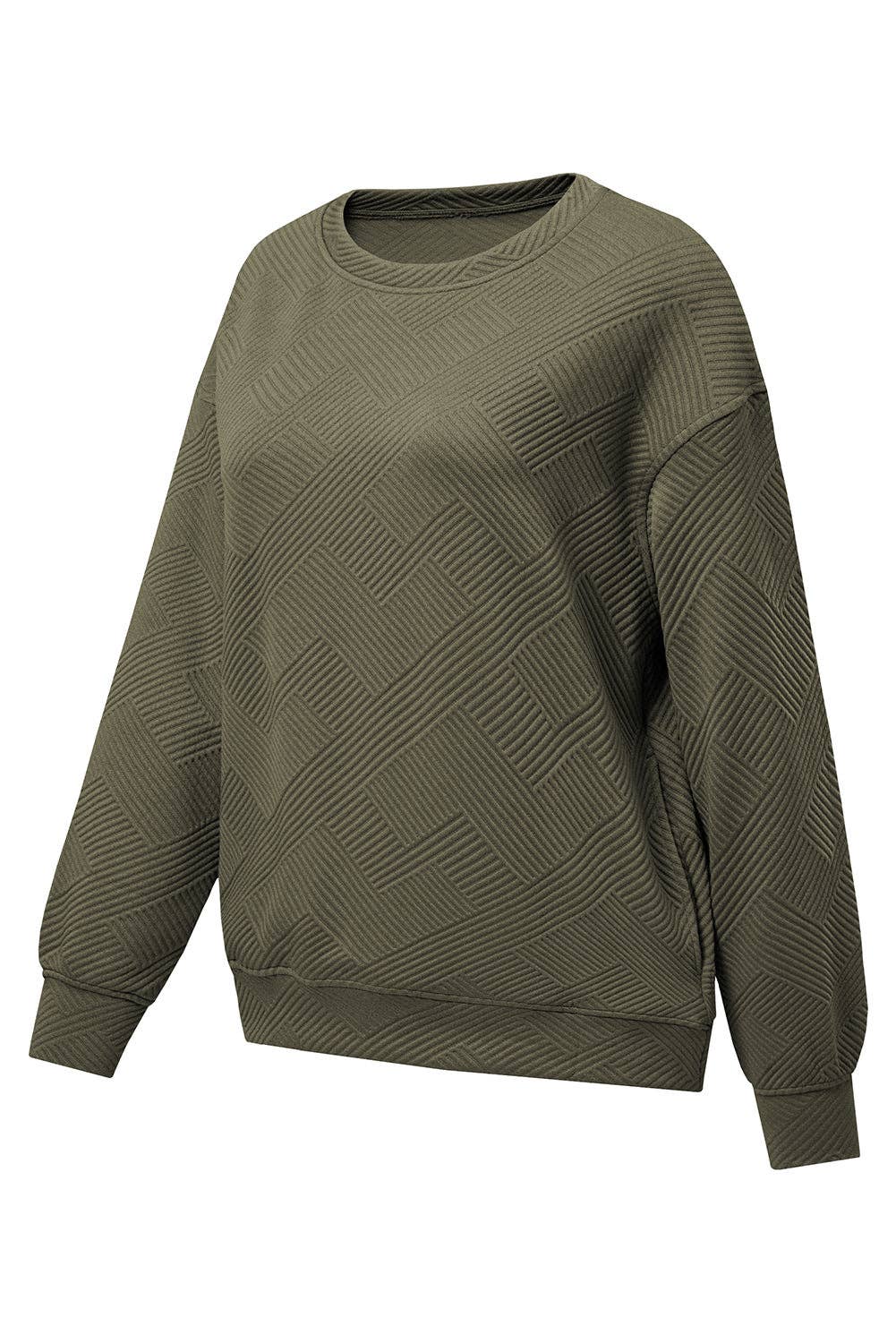 Solid Color Textured Round Neck Drop Shoulder Pullover Sweatshirt