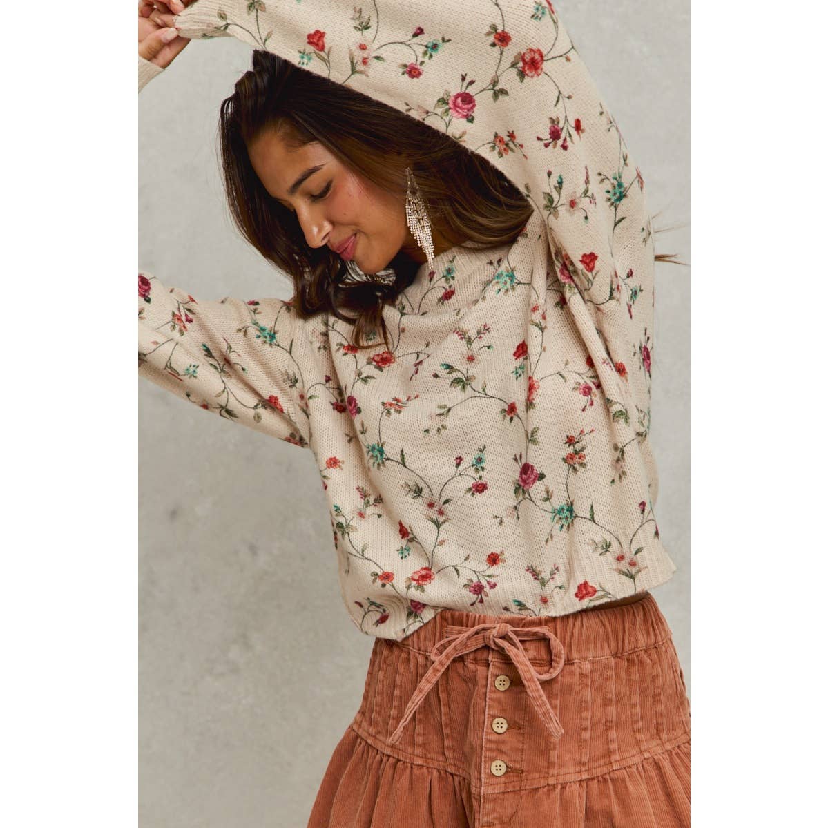 FLORAL PRINT CREWNECK SWEATER KNIT TOP