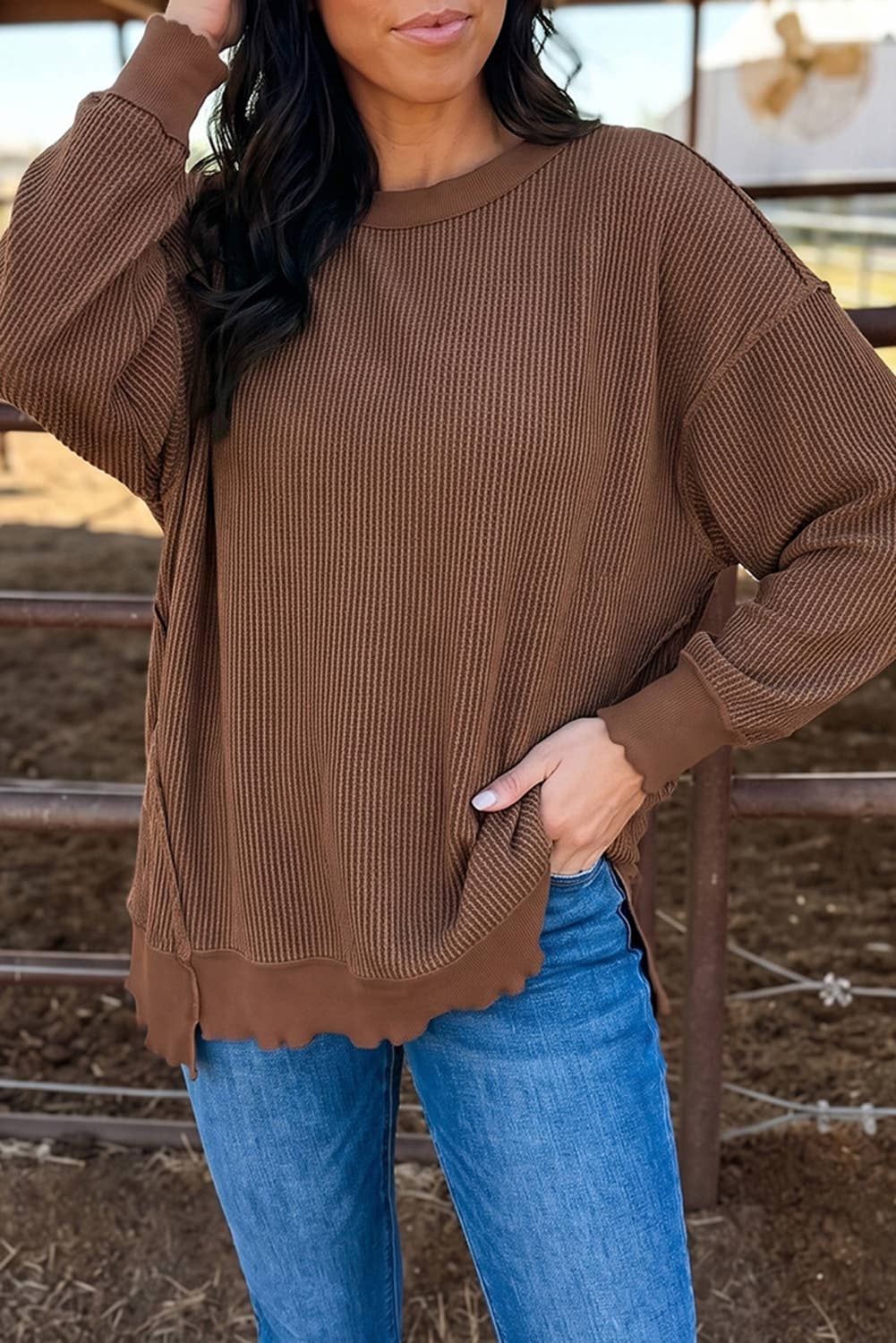 Fall Twist Rib Uneven Hem Drop Shoulder Oversized Knit Top