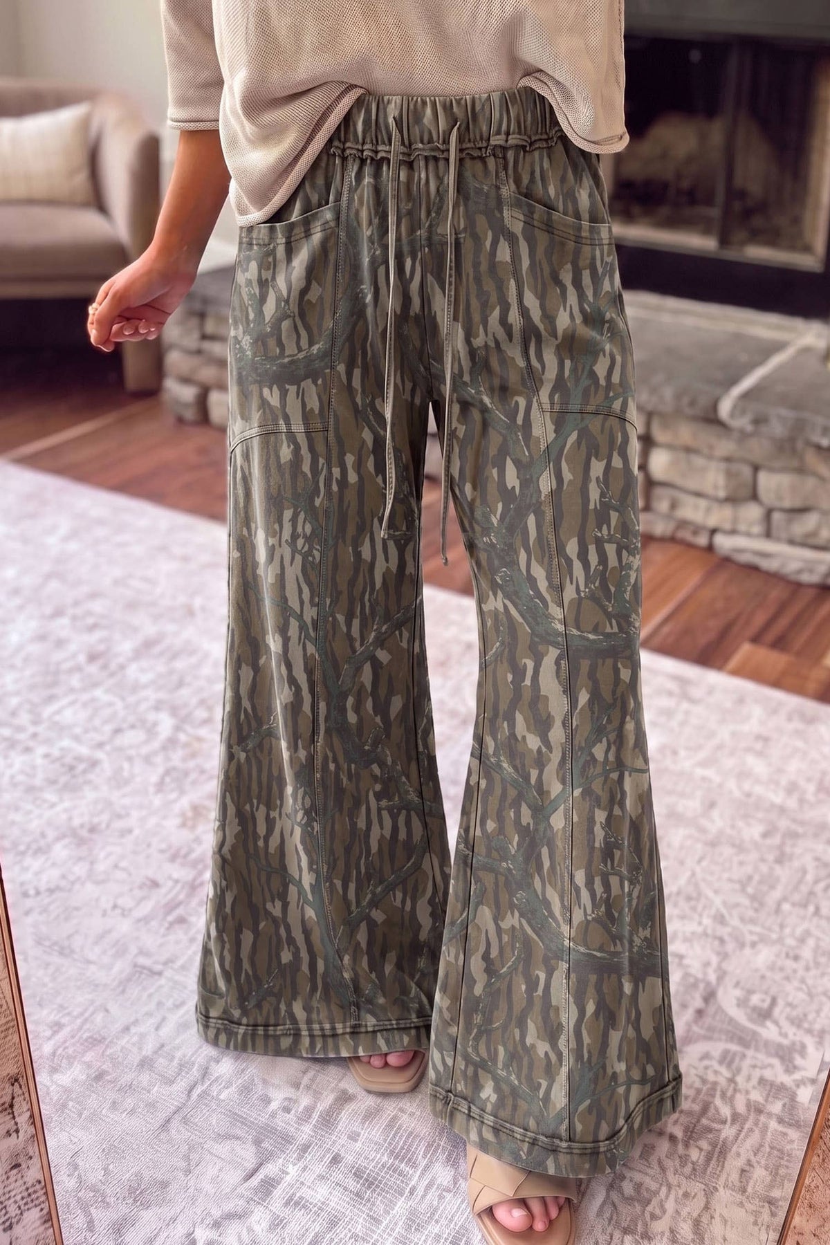 HOT Mineral Wash Seam Detail Flare Leg Drawstring Pants
