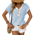 Women’s Striped V Neck Button Knit Short Sleeve Top