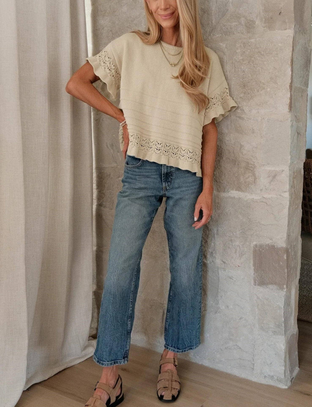 Ruffle Sleeve Crochet Knit Sweater Top