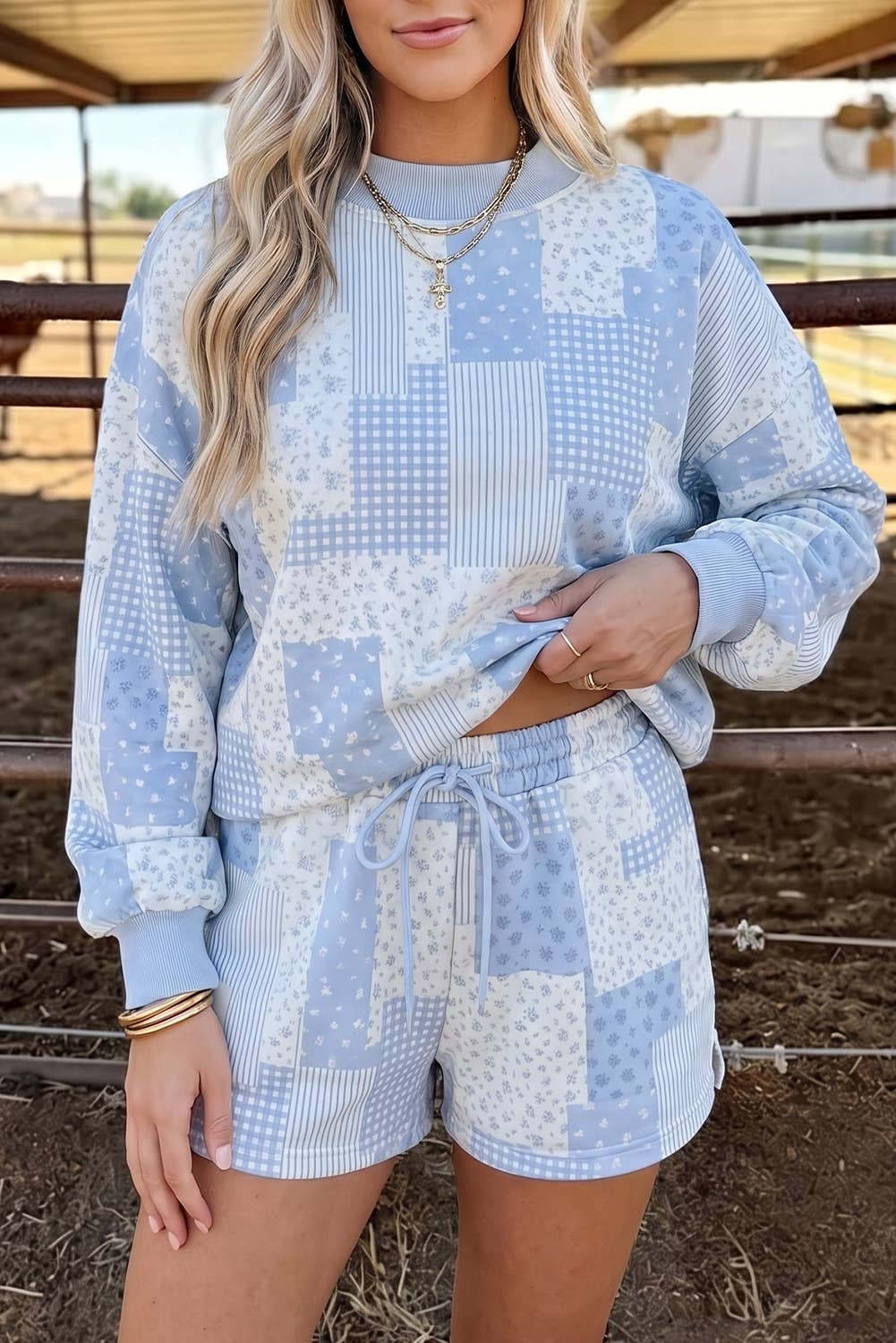 Full Size Floral Long Sleeve Baggy Pullover 2pcs Shorts Set