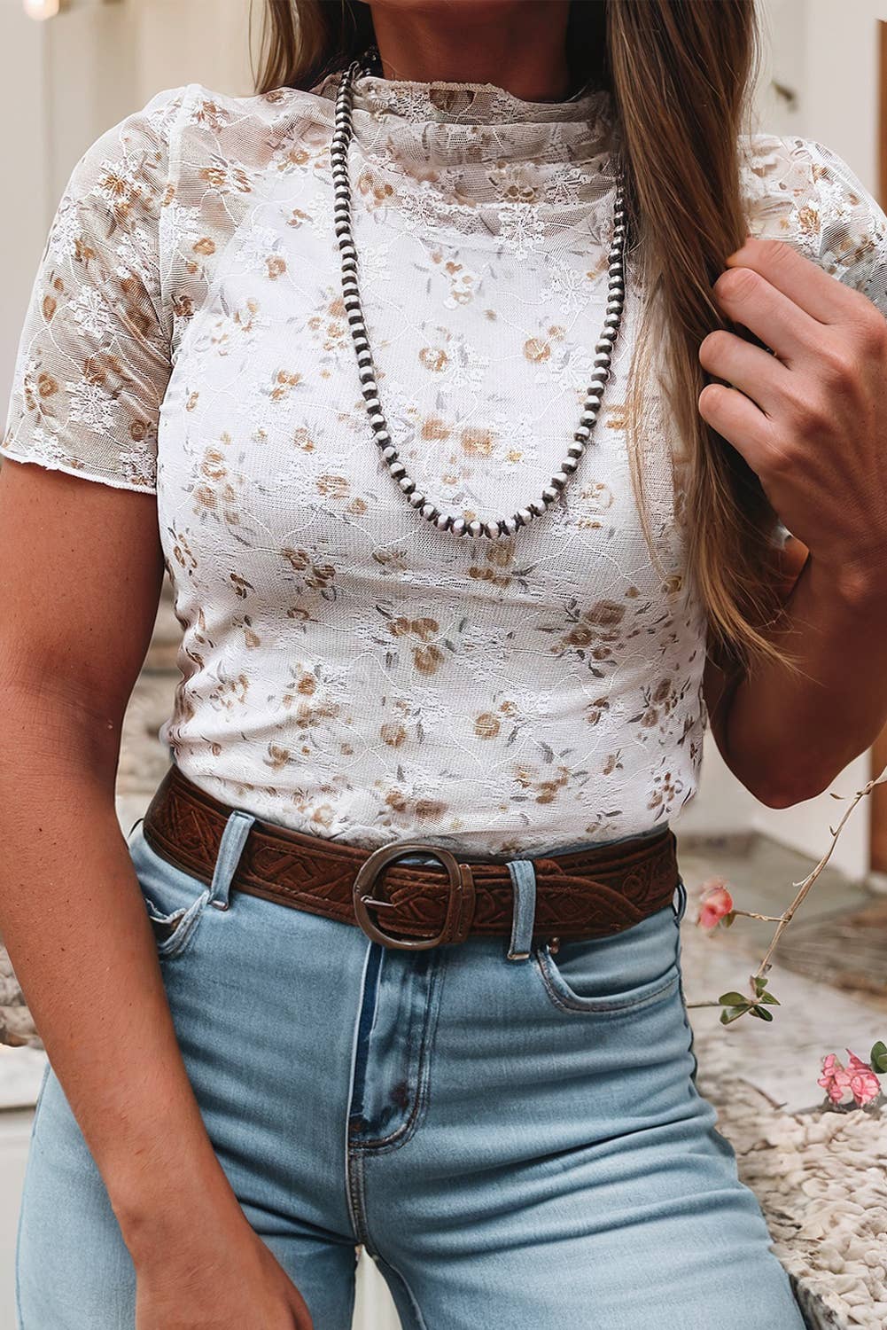 Floral Lace Short Sleeve Fitted Top