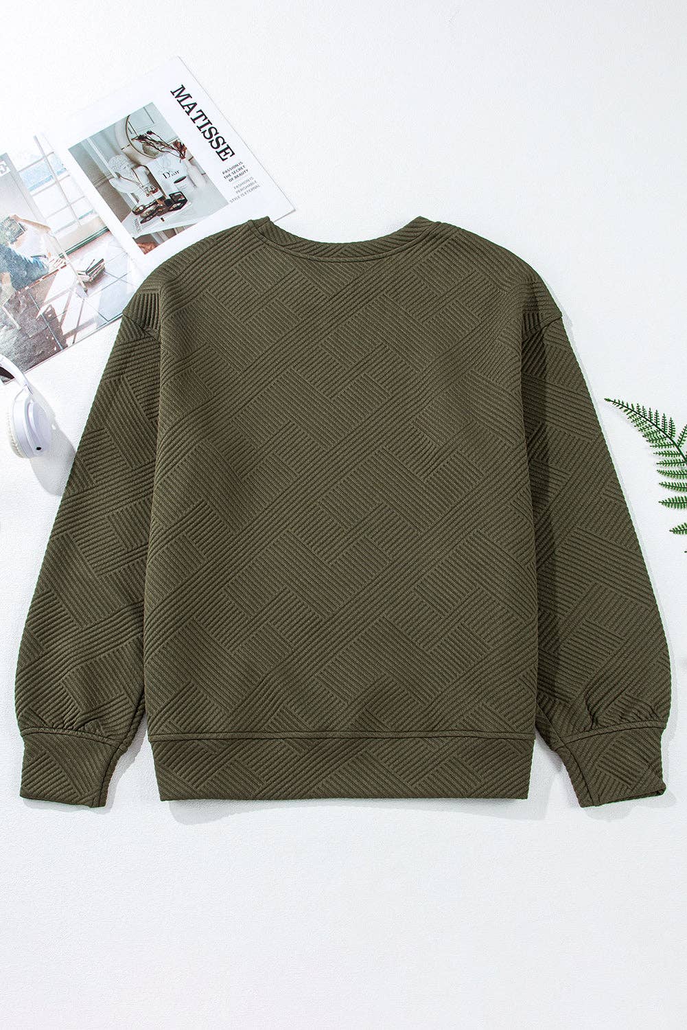 Solid Color Textured Round Neck Drop Shoulder Pullover Sweatshirt