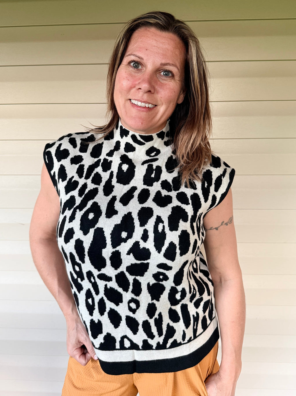 Leopard Mock Neck Short Sleeve Sweater