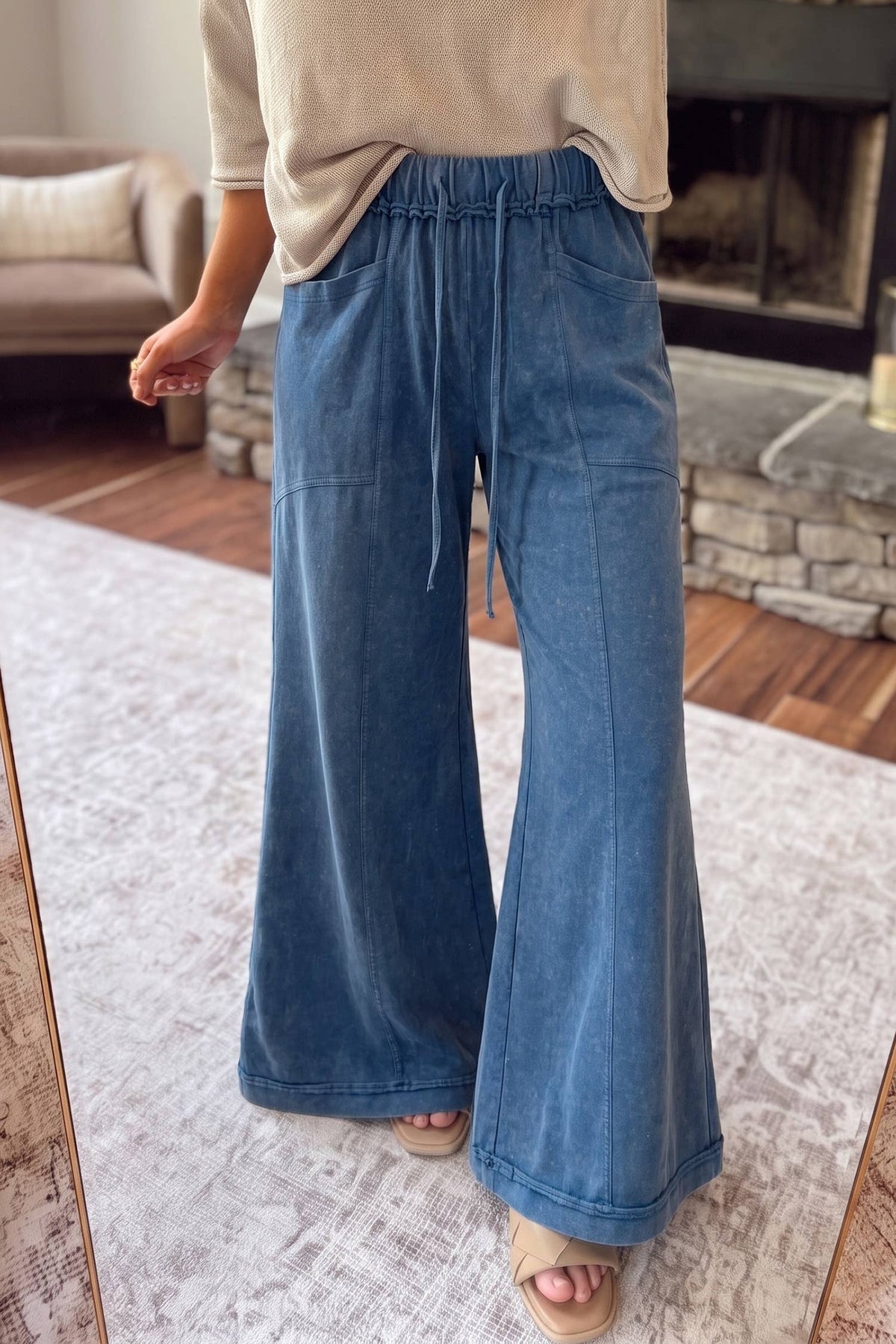 HOT Mineral Wash Seam Detail Flare Leg Drawstring Pants