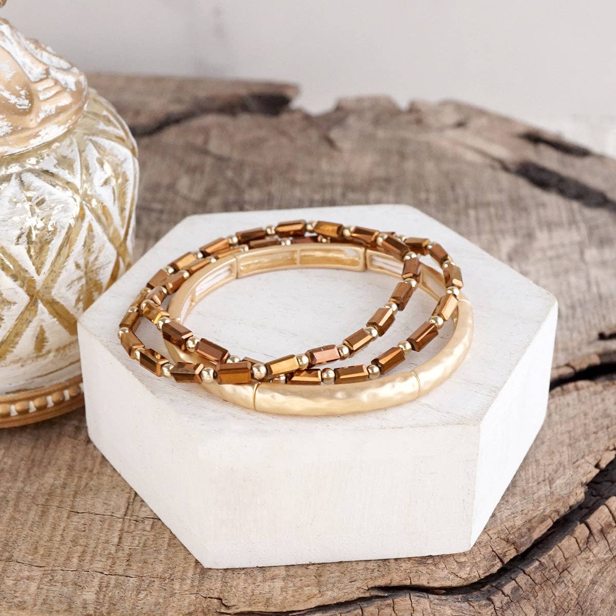 Glass Bead Stretch Bracelet Set with Bangle – Golden Harvest