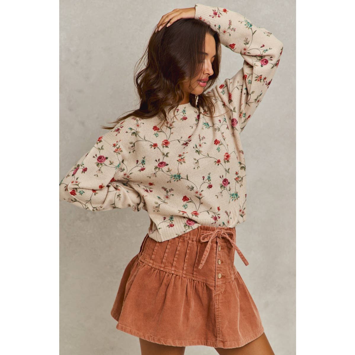 FLORAL PRINT CREWNECK SWEATER KNIT TOP