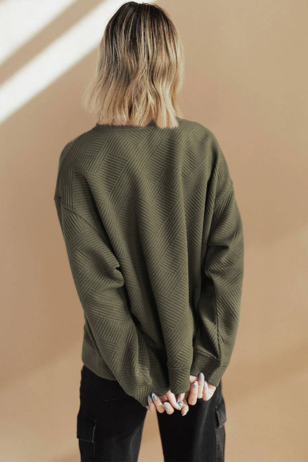 Solid Color Textured Round Neck Drop Shoulder Pullover Sweatshirt