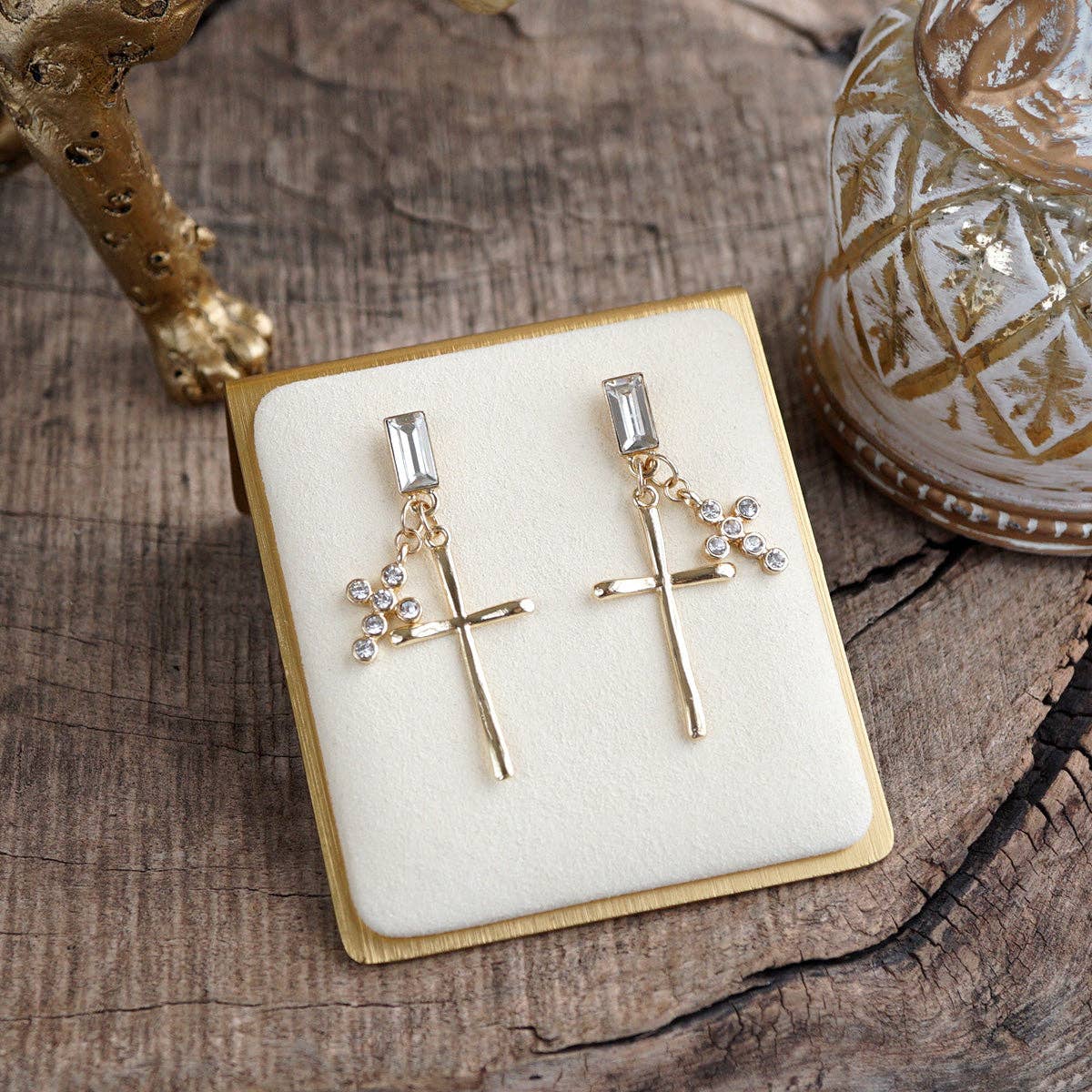 Sacred Spark – Golden Cross Cluster Statement Earrings