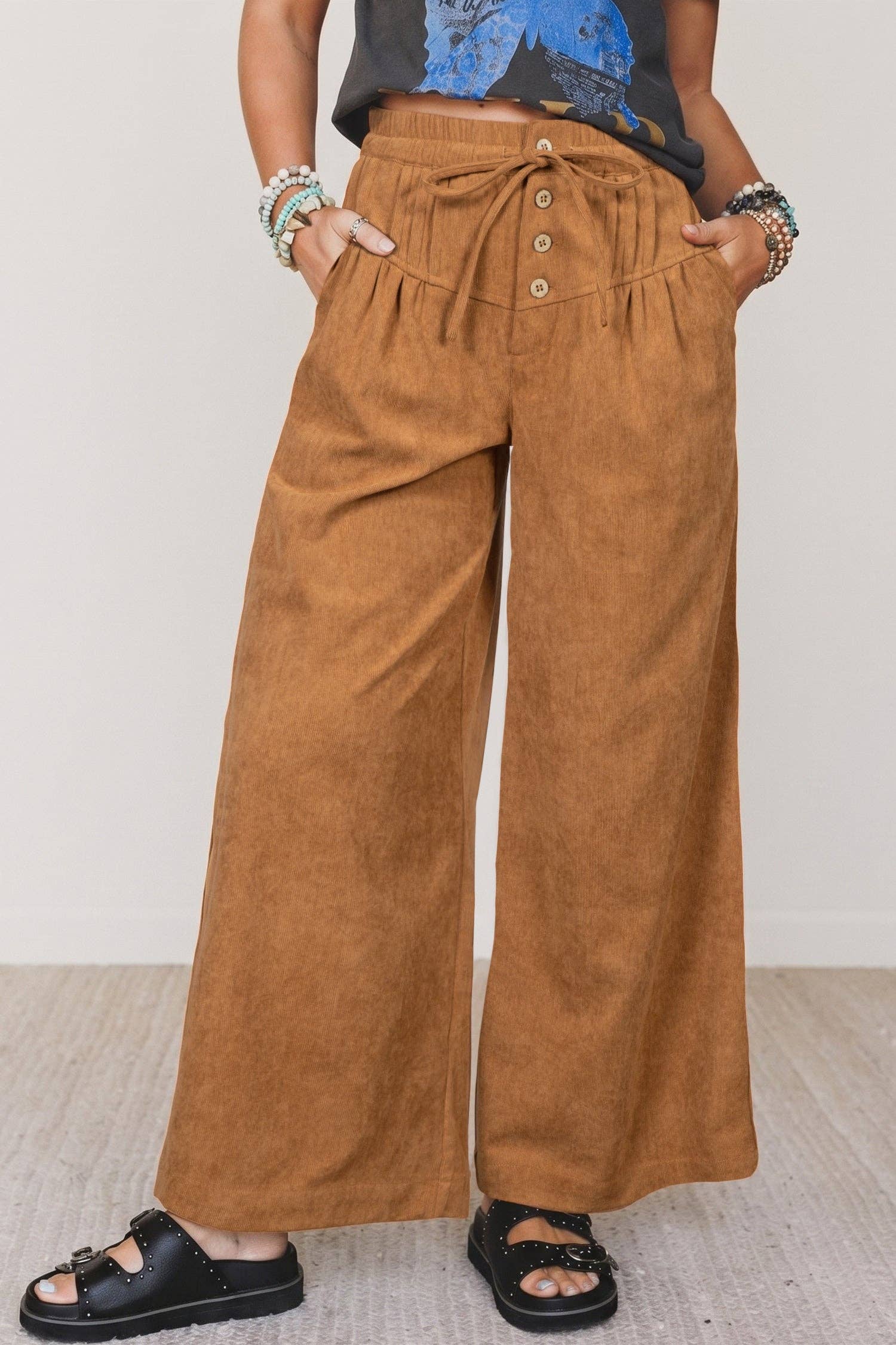 Thai Curry Elastic Waist Wooden Button Placket Ankle Length Wide Leg Pants