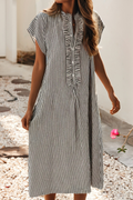 LDC Stripe Frilled Detail Half Buttons Short Sleeve Dress