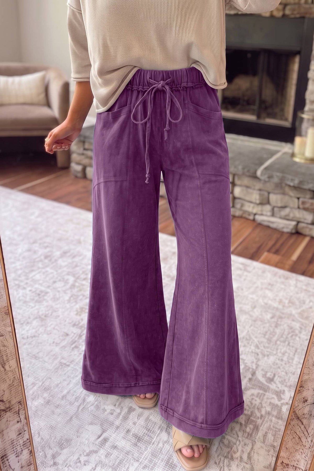 HOT Mineral Wash Seam Detail Flare Leg Drawstring Pants