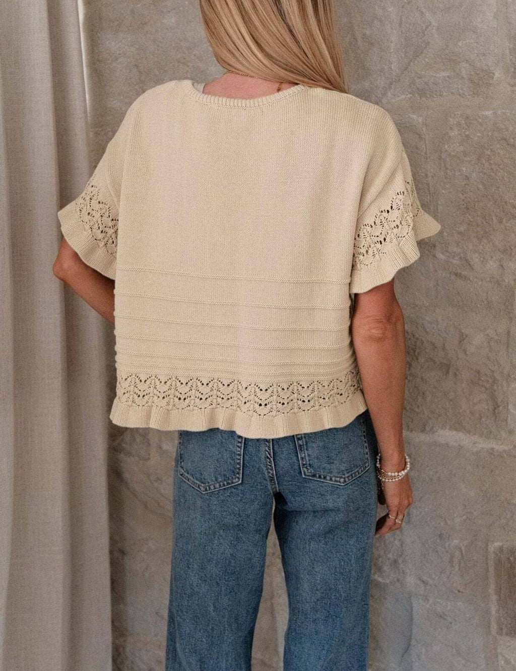 Ruffle Sleeve Crochet Knit Sweater Top
