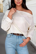Solid Waffle Knit Asymmetric Neck Long Sleeve Top