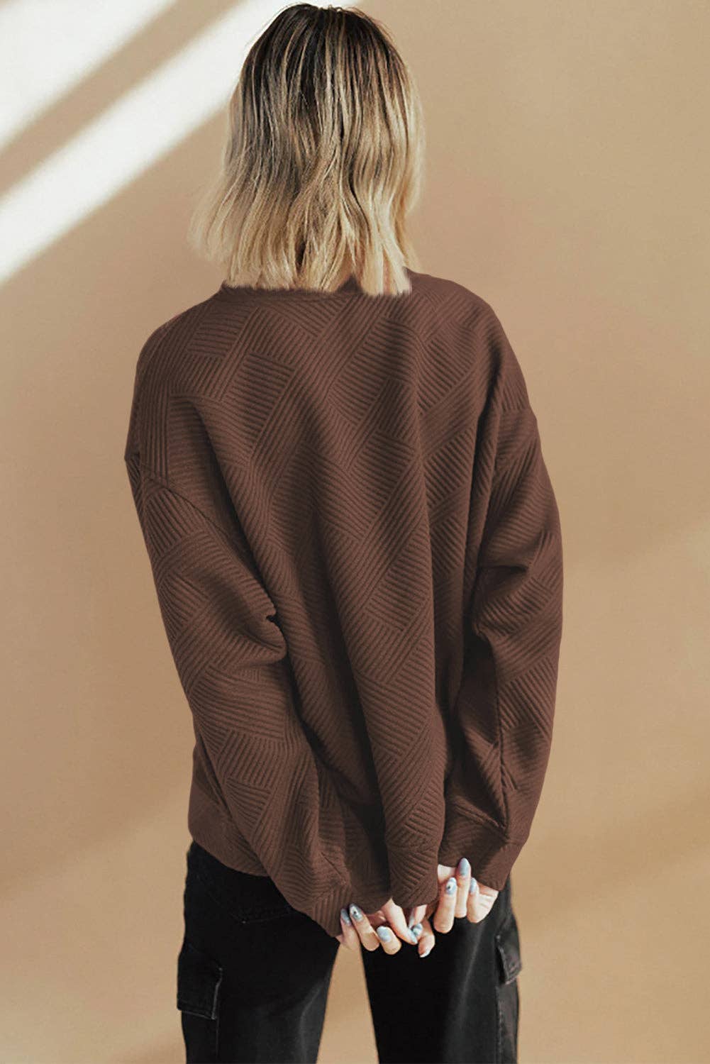 Solid Color Textured Round Neck Drop Shoulder Pullover Sweatshirt
