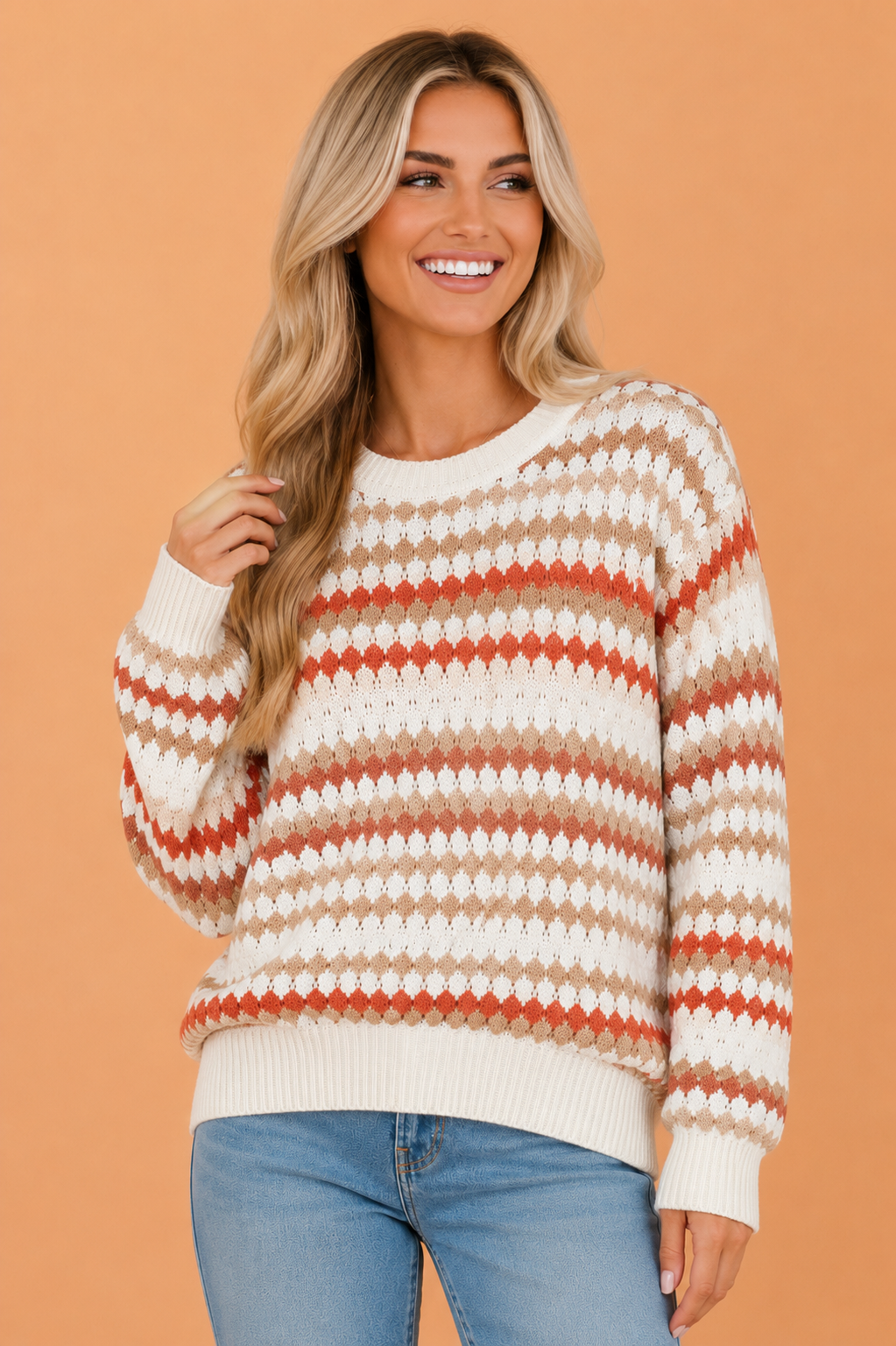 Stripe Eyelet Knit Drop Shoulder Sweater
