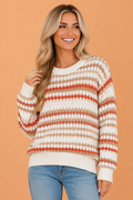 Stripe Eyelet Knit Drop Shoulder Sweater