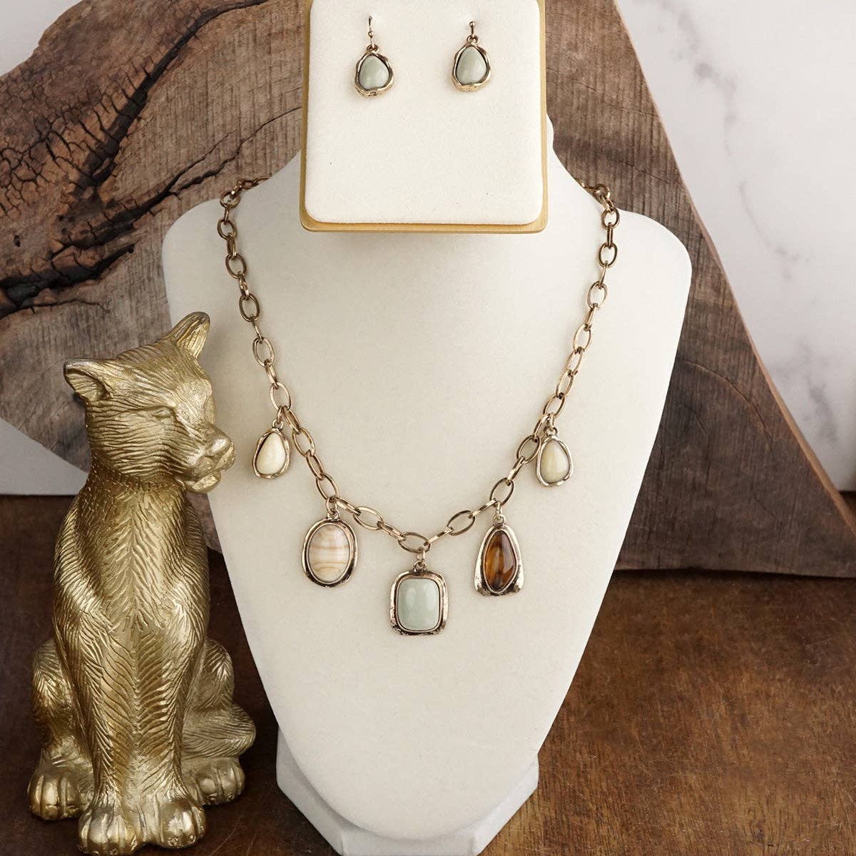 Acrylic Gemstone Charm Necklace Set - Silver Gold – Vintage Pop of Color
