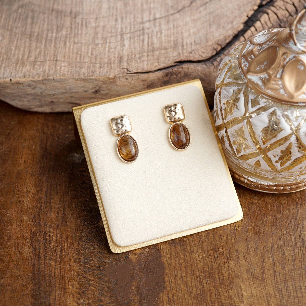 Quiet Gleam – Hammered Cabochon Stud Drop Earrings