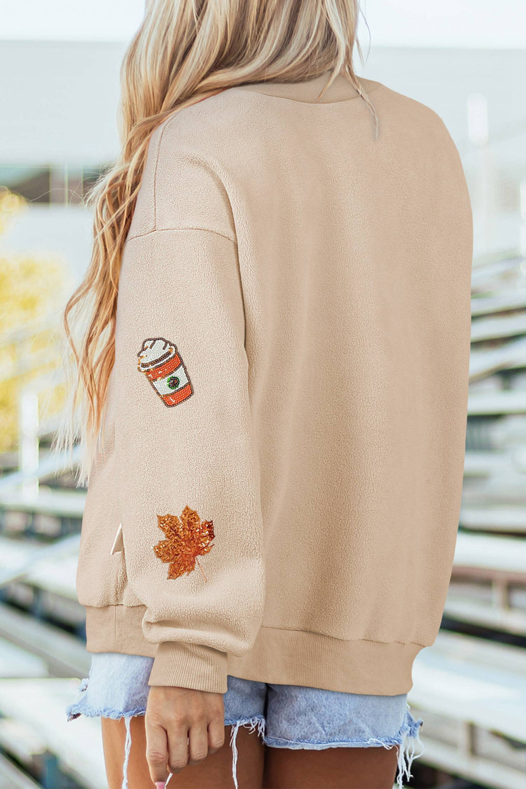 Sequin Leaf Fall Drinks Patch Graphic Mock Neck Sweatshirt