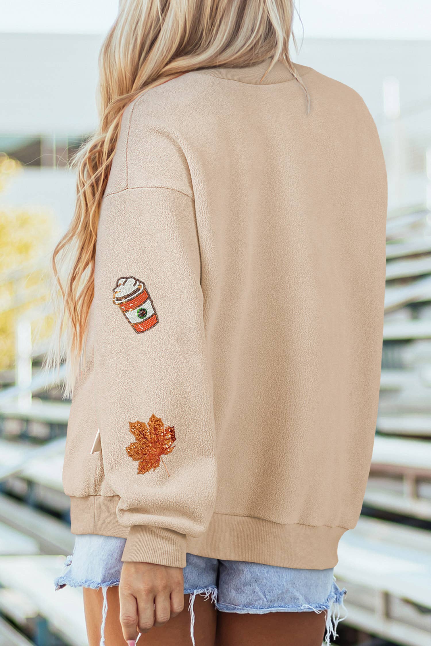 Sequin Leaf Fall Drinks Patch Graphic Mock Neck Sweatshirt