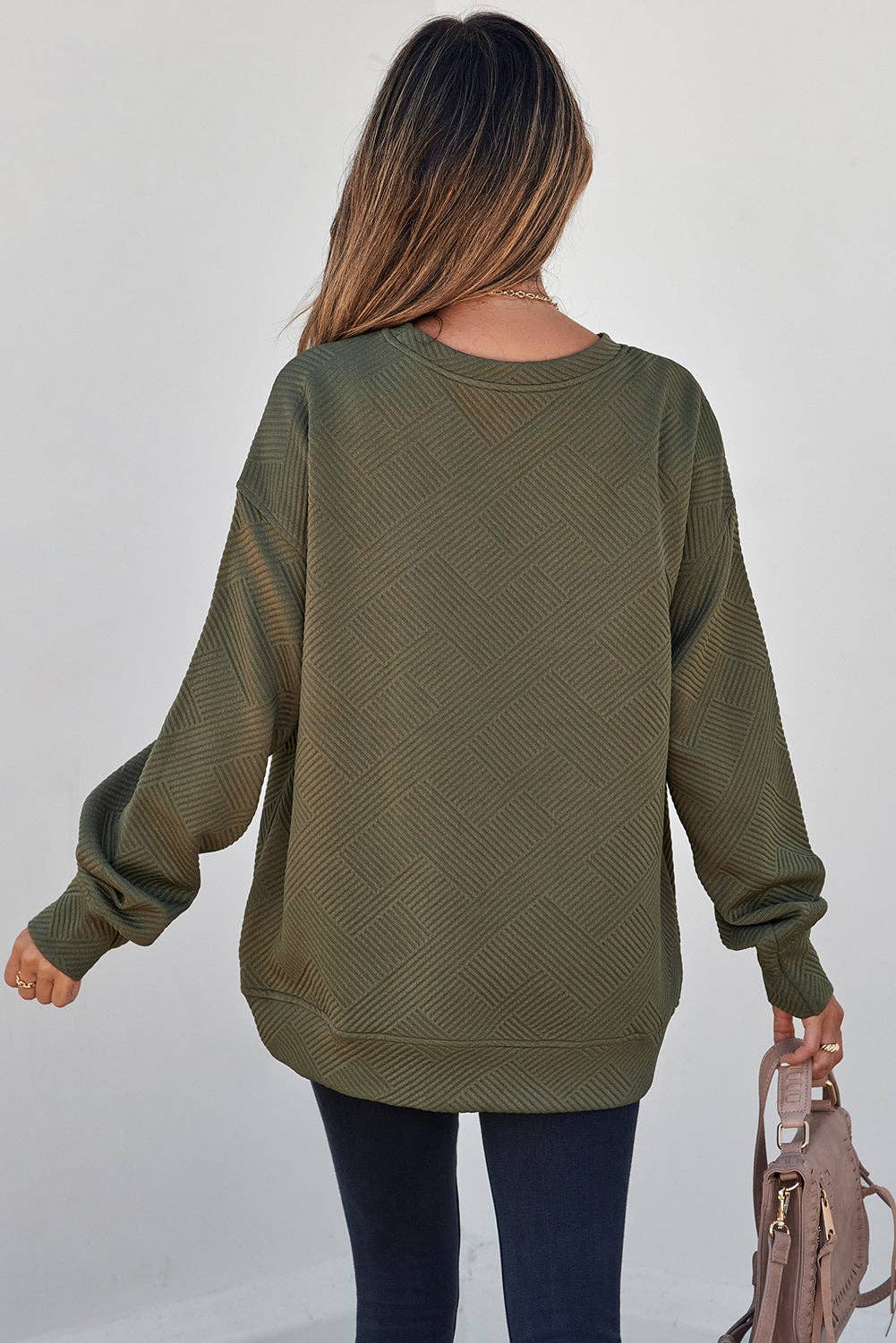 Solid Color Textured Round Neck Drop Shoulder Pullover Sweatshirt