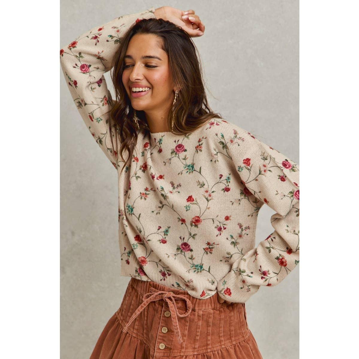 FLORAL PRINT CREWNECK SWEATER KNIT TOP