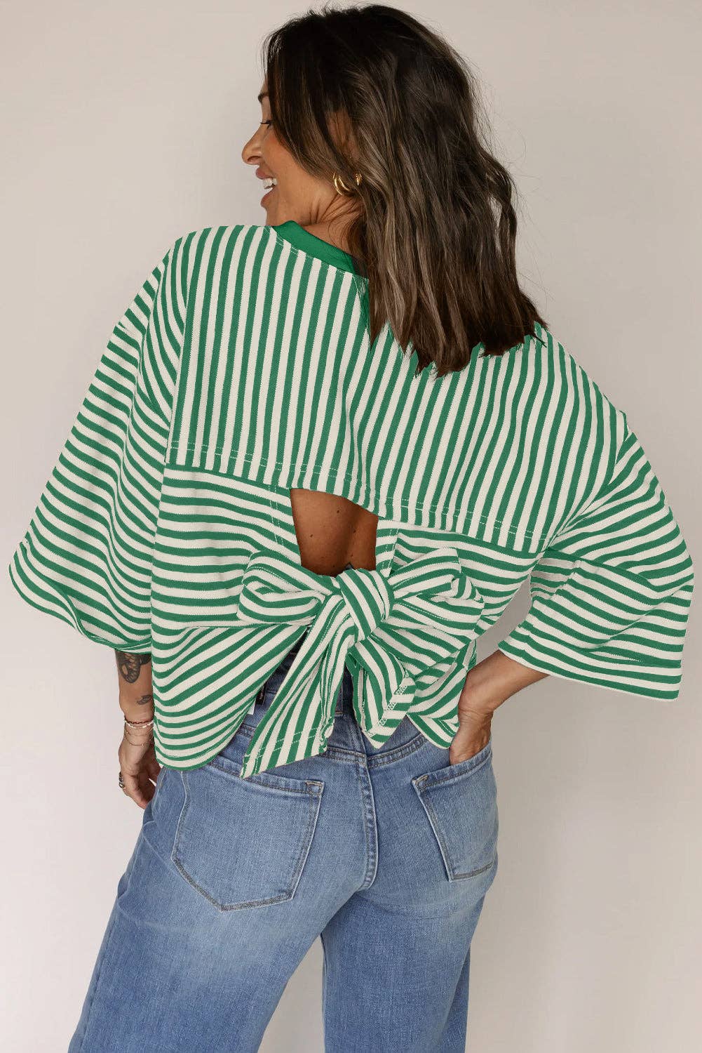 Green Striped Knit Back Bow Tie Open Back Top