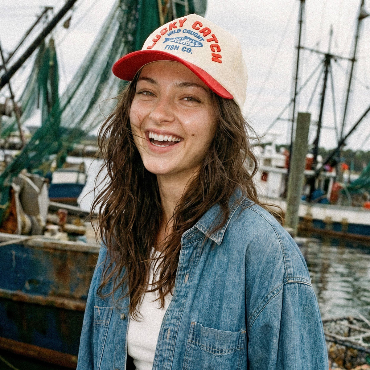C.C LUCKY CATCH Embroidered Letter on Two Tone Trucker Hat