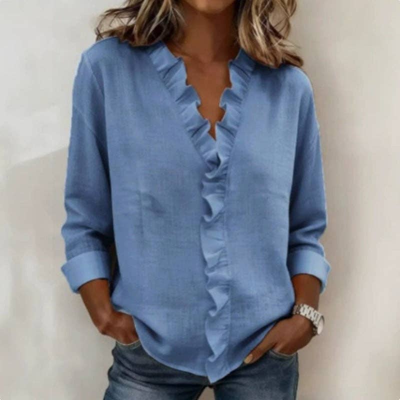 Ruffle Trim Cotton Linen Blouse