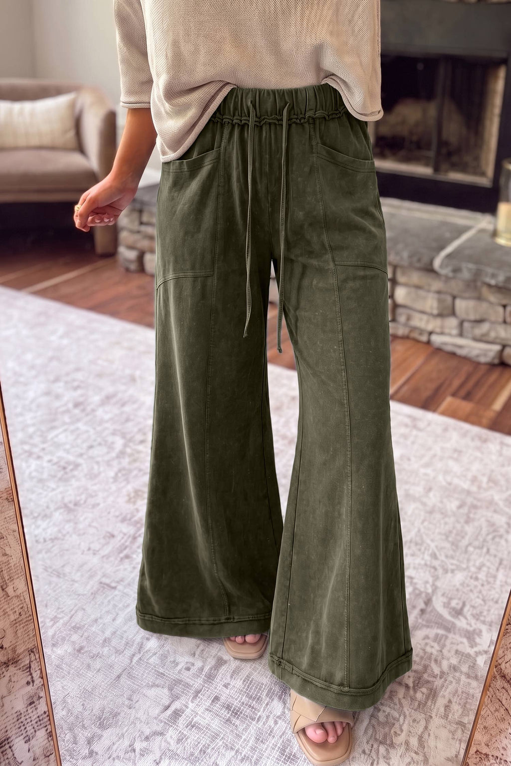 HOT Mineral Wash Seam Detail Flare Leg Drawstring Pants