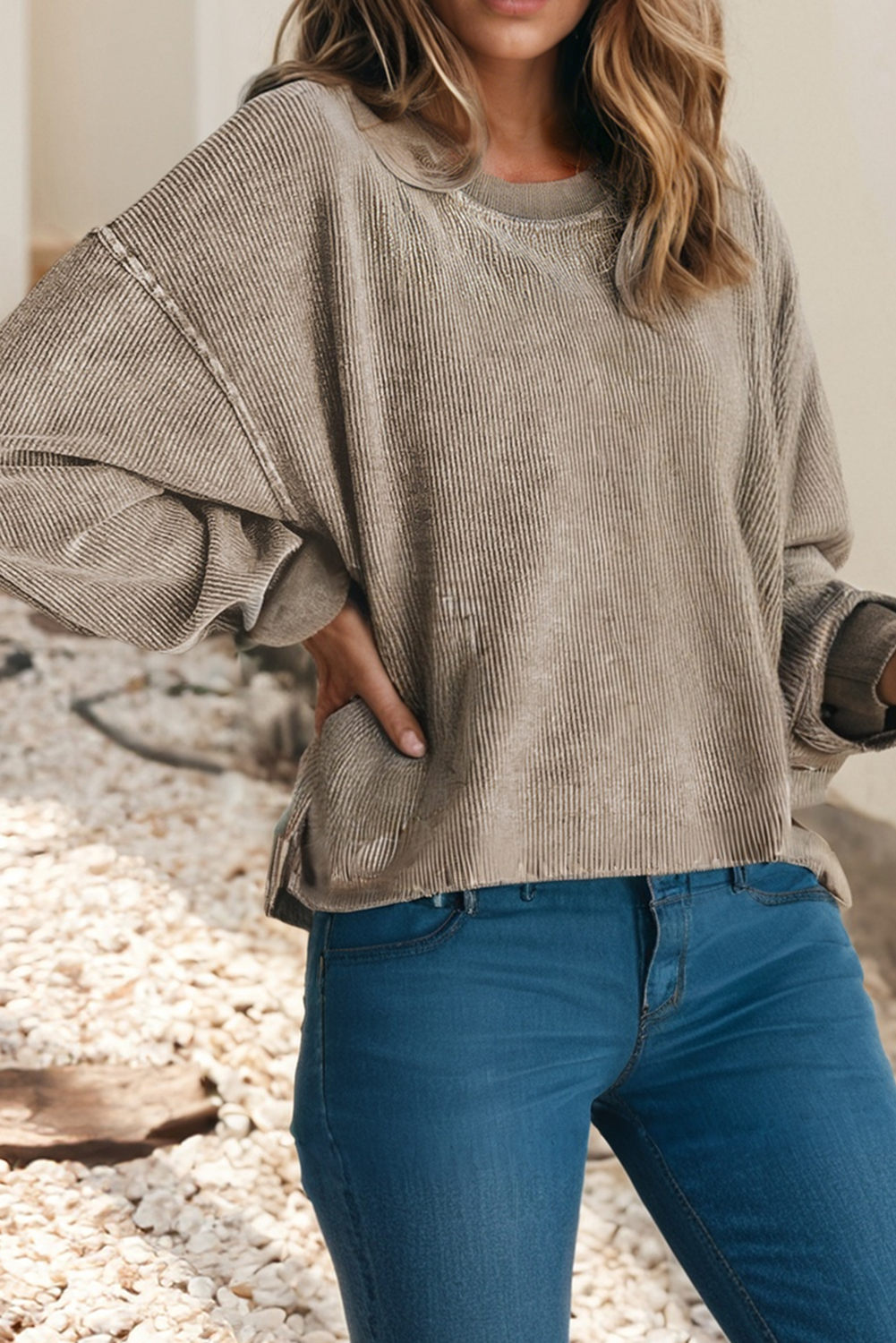 Solid Ribbed Knit Round Neck Pullover Sweatshirt