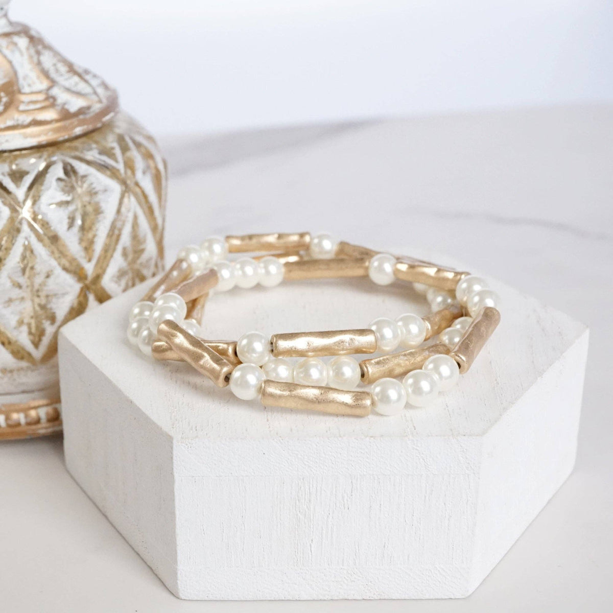 Pearls & Antique Gold Tube Beaded Bracelet Set – Effortless Elegance