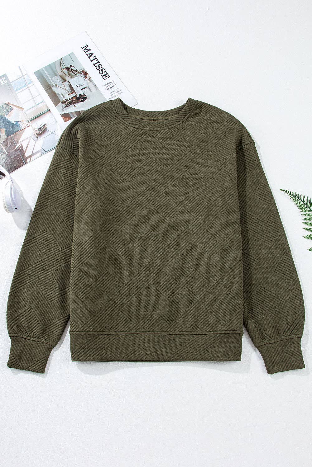 Solid Color Textured Round Neck Drop Shoulder Pullover Sweatshirt