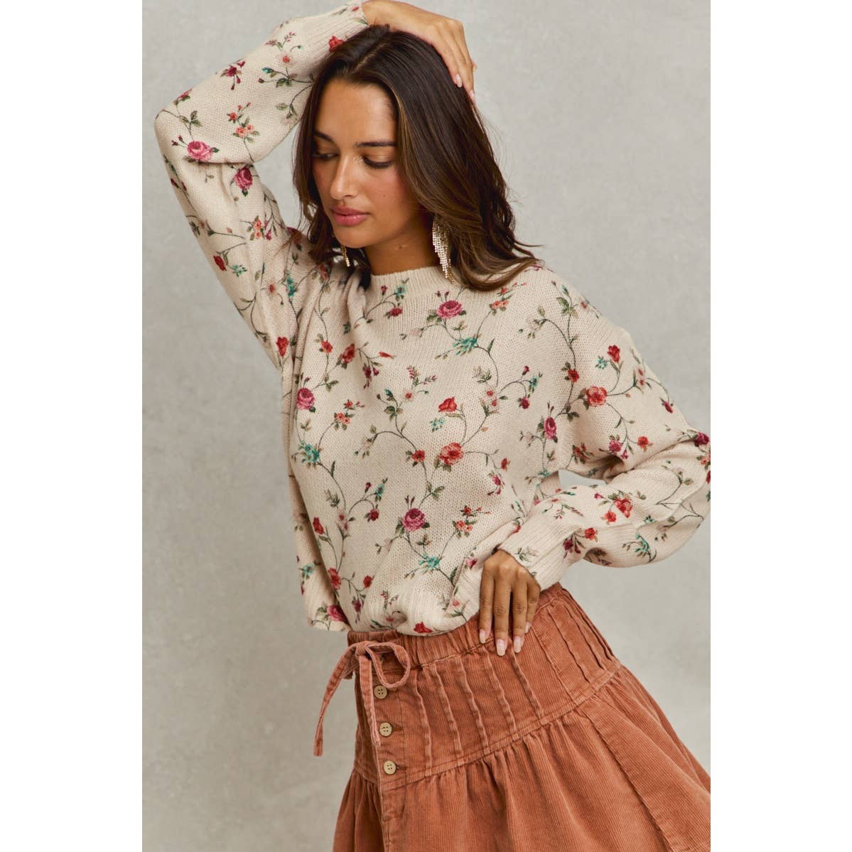FLORAL PRINT CREWNECK SWEATER KNIT TOP
