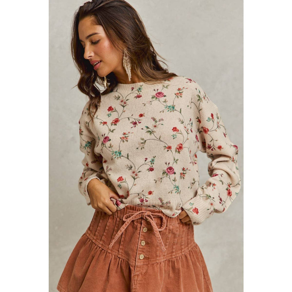 FLORAL PRINT CREWNECK SWEATER KNIT TOP