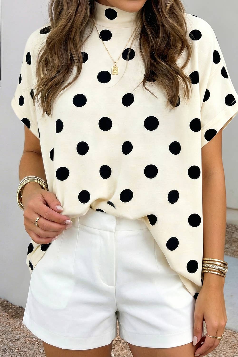 Polka Dot Print High Neck Dolman Top