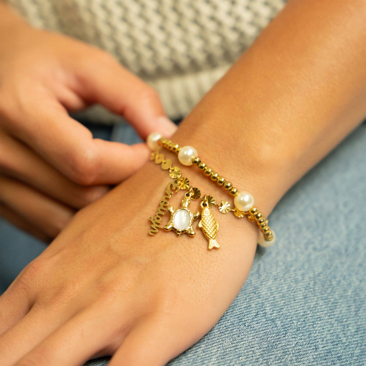 18K Gold PVD 8mm Kiska Glass Pearl Stretch Bracelet