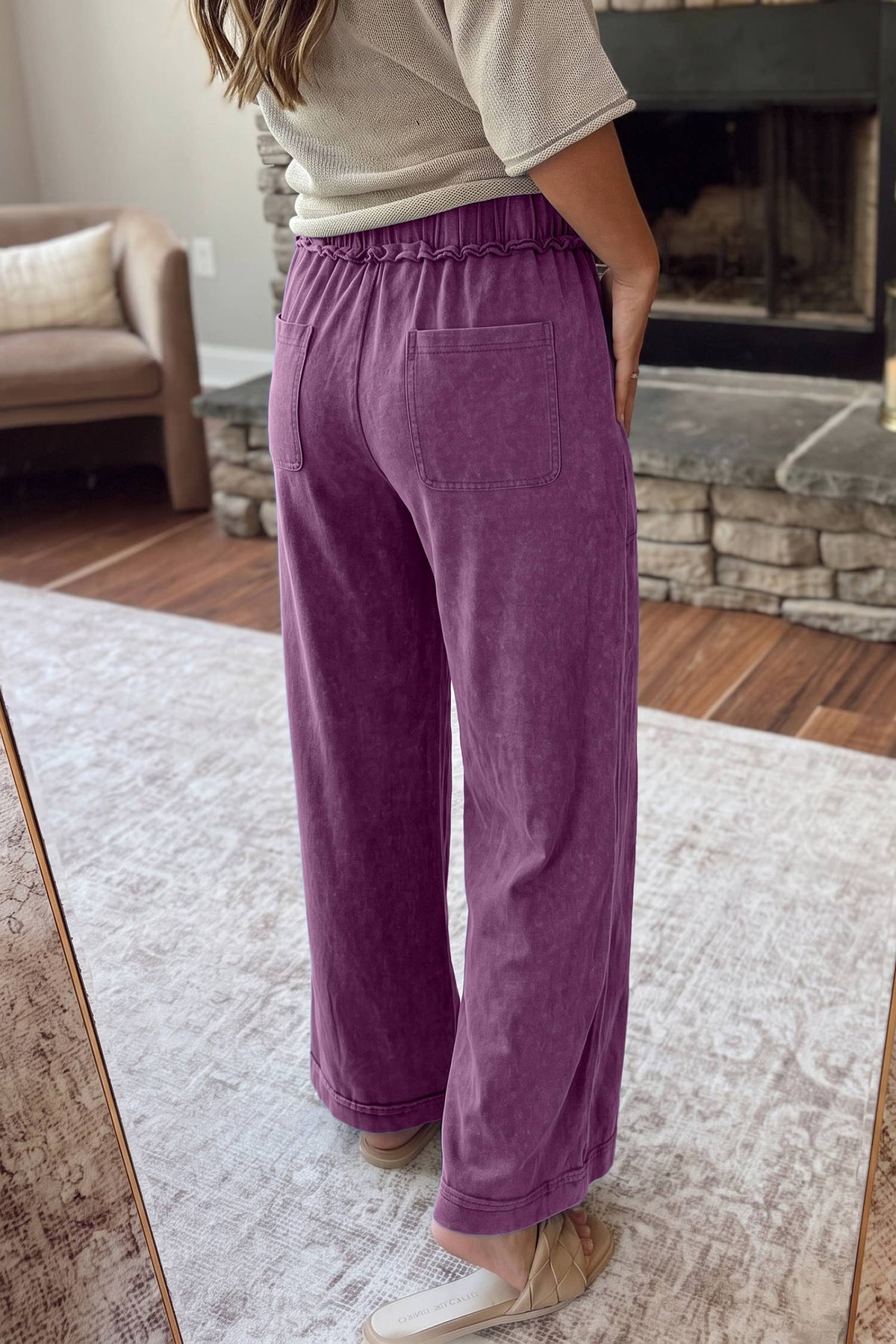 HOT Mineral Wash Seam Detail Flare Leg Drawstring Pants