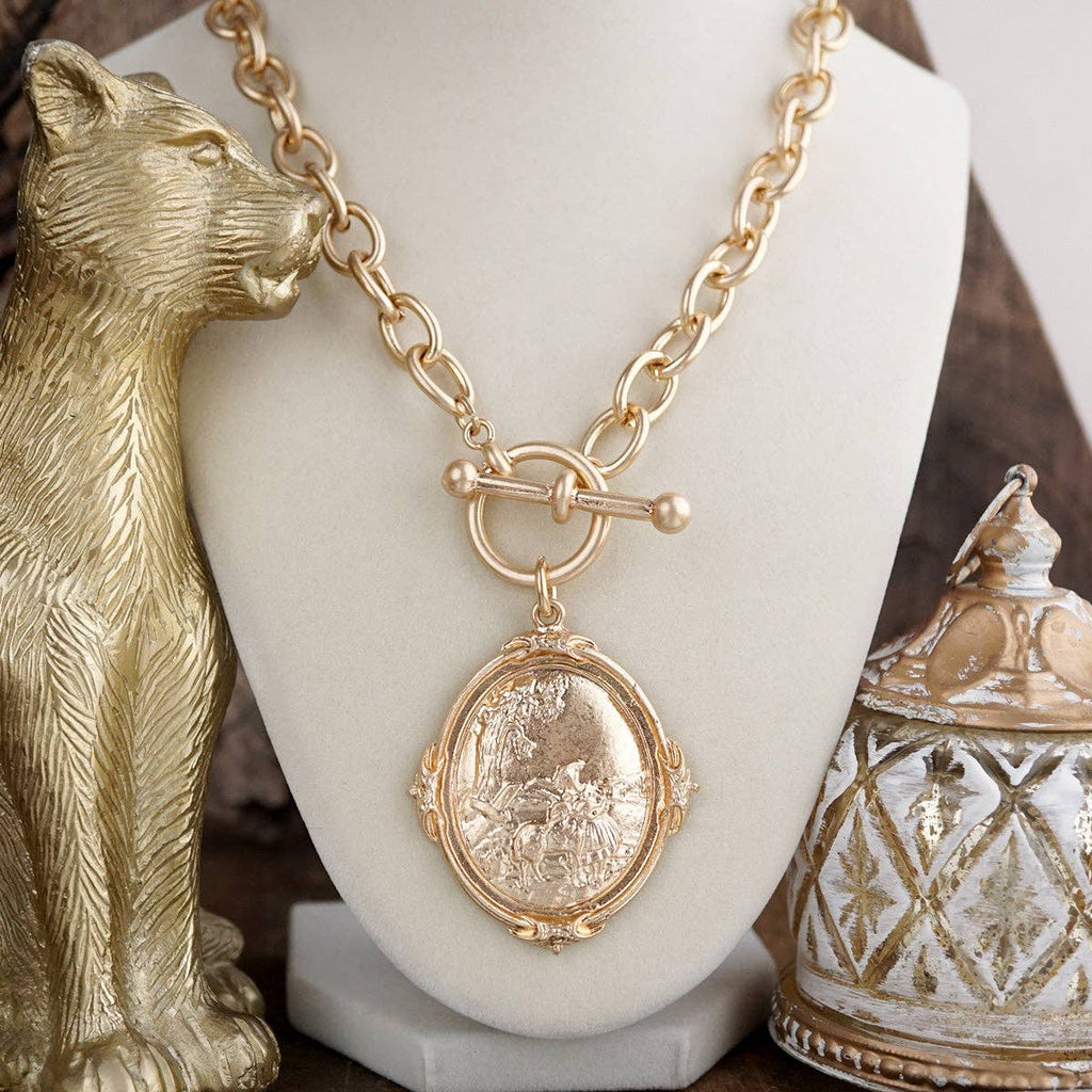 Chunky Statement Necklace – Horse Scene Gold Toggle Pendant Necklace