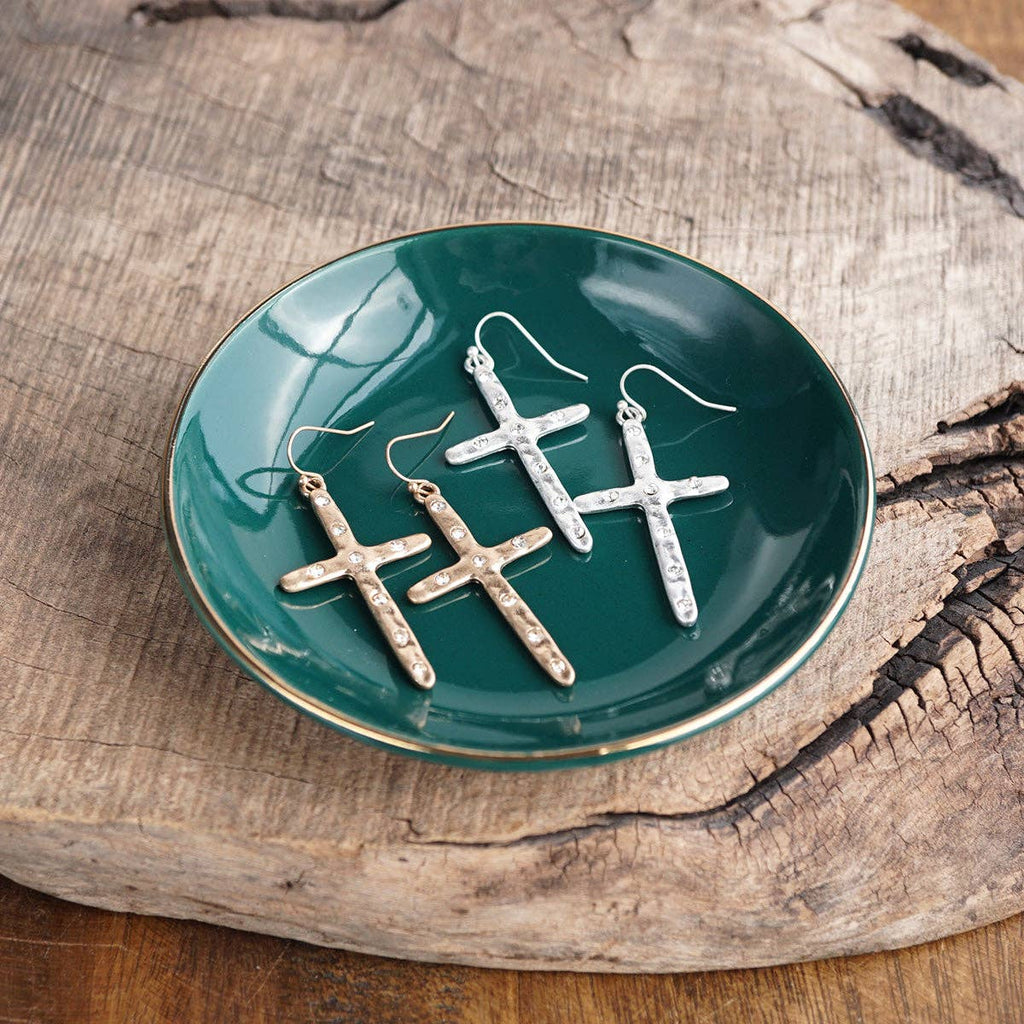 Quiet Devotion – Hammered Cross Crystal Drop Earrings