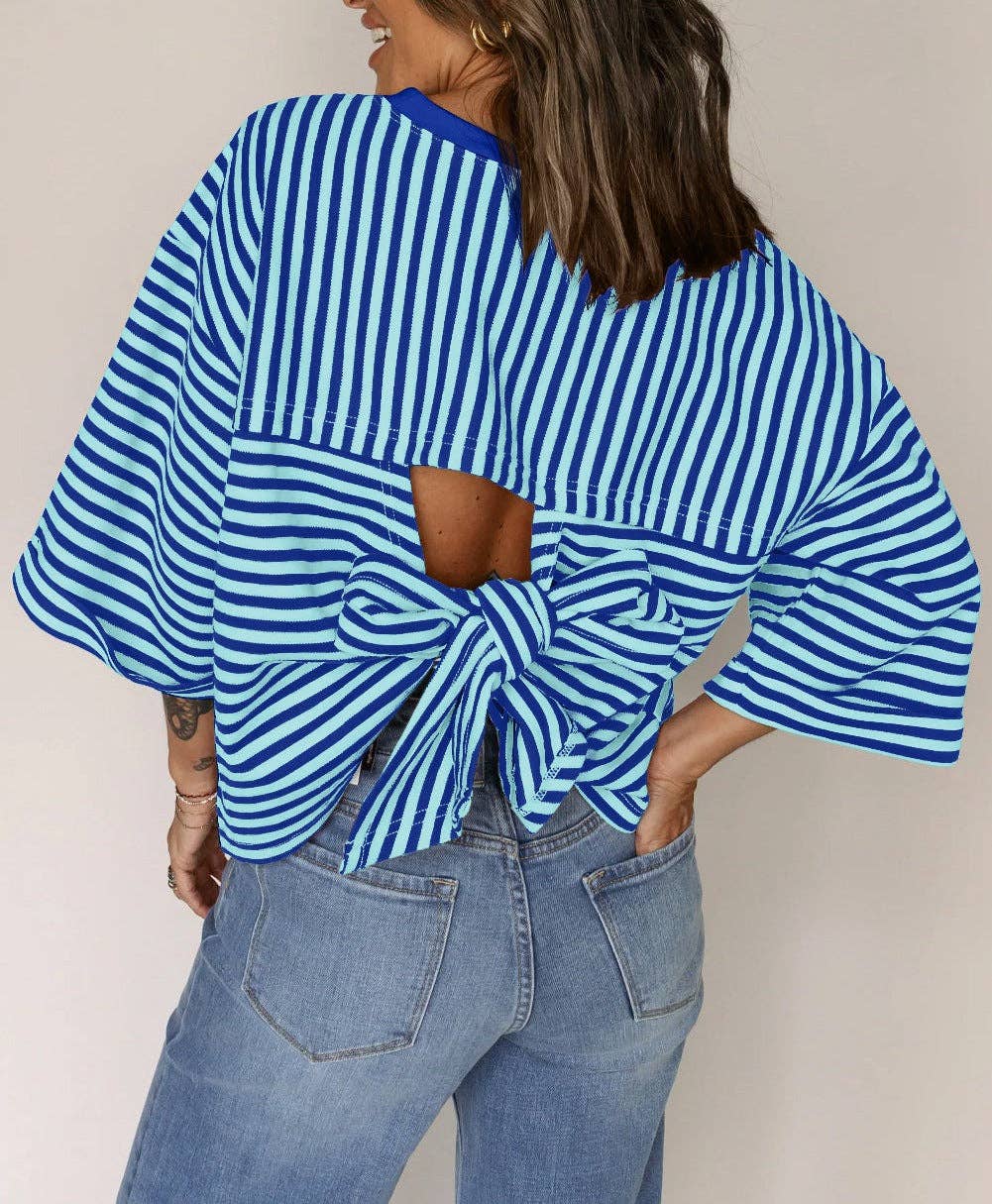 Green Striped Knit Back Bow Tie Open Back Top