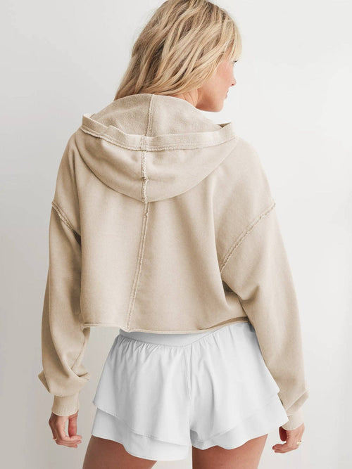 Beige V Neck Hooded Loose Fit Long Sleeve Pullover