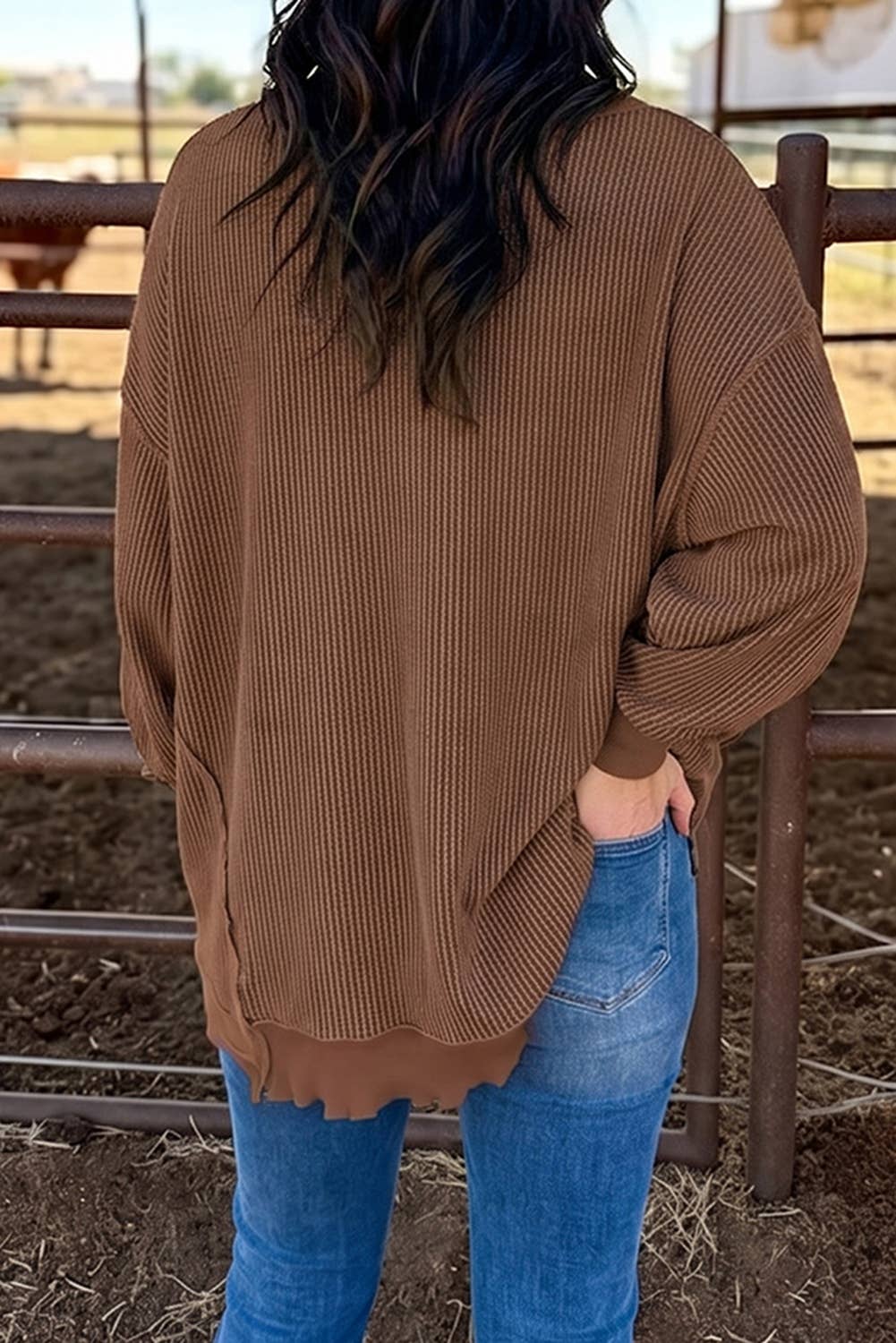 Fall Twist Rib Uneven Hem Drop Shoulder Oversized Knit Top