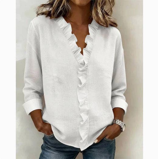 Ruffle Trim Cotton Linen Blouse