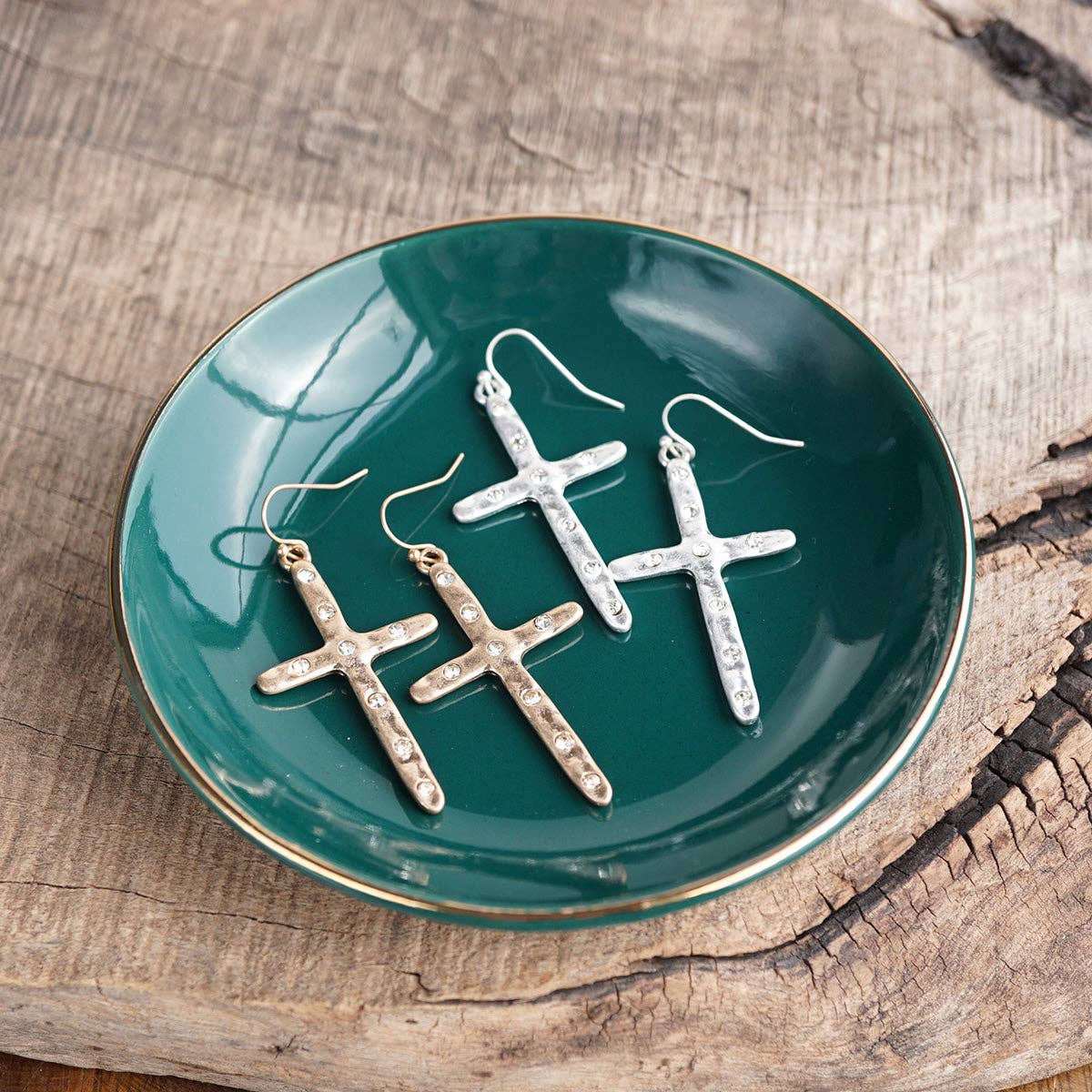 Quiet Devotion – Hammered Cross Crystal Drop Earrings